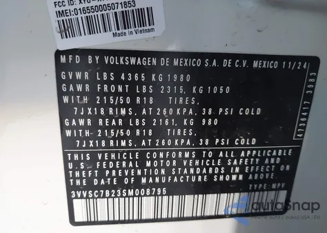 2025 Volkswagen Taos 1.5T Se z USA, uszkodzony, nr VIN 3VVSC7B23SM008795